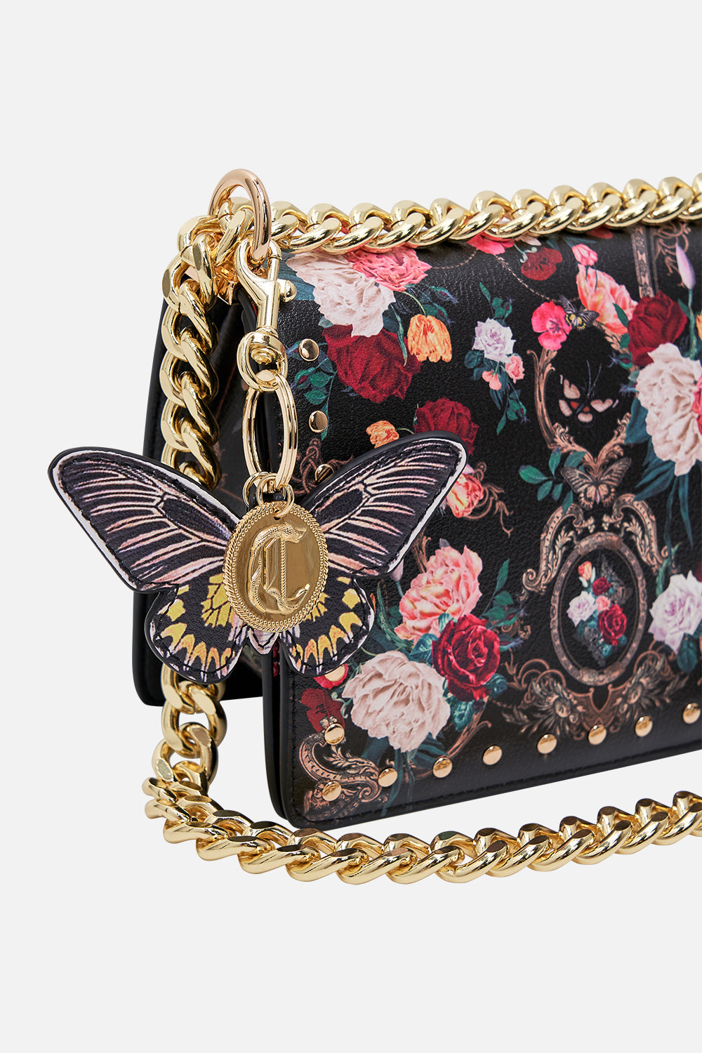 CAMILLA floral crossbody with fur strap in Magic in the Manuscripts