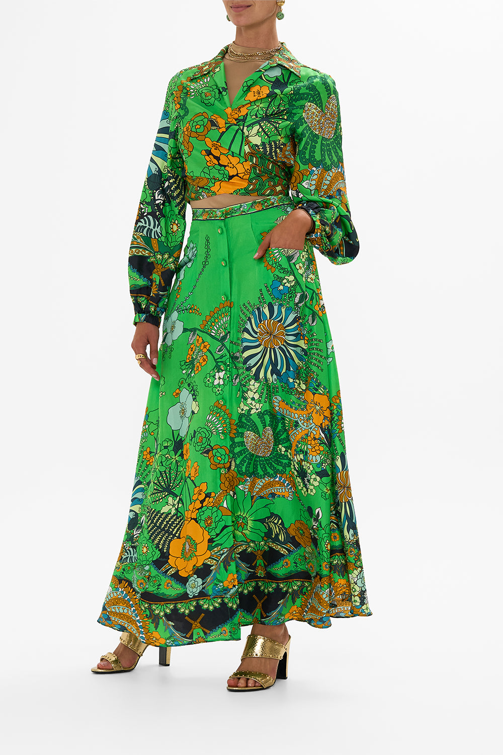 CAMILLA green button through skirt in Good Vibes Generation print.