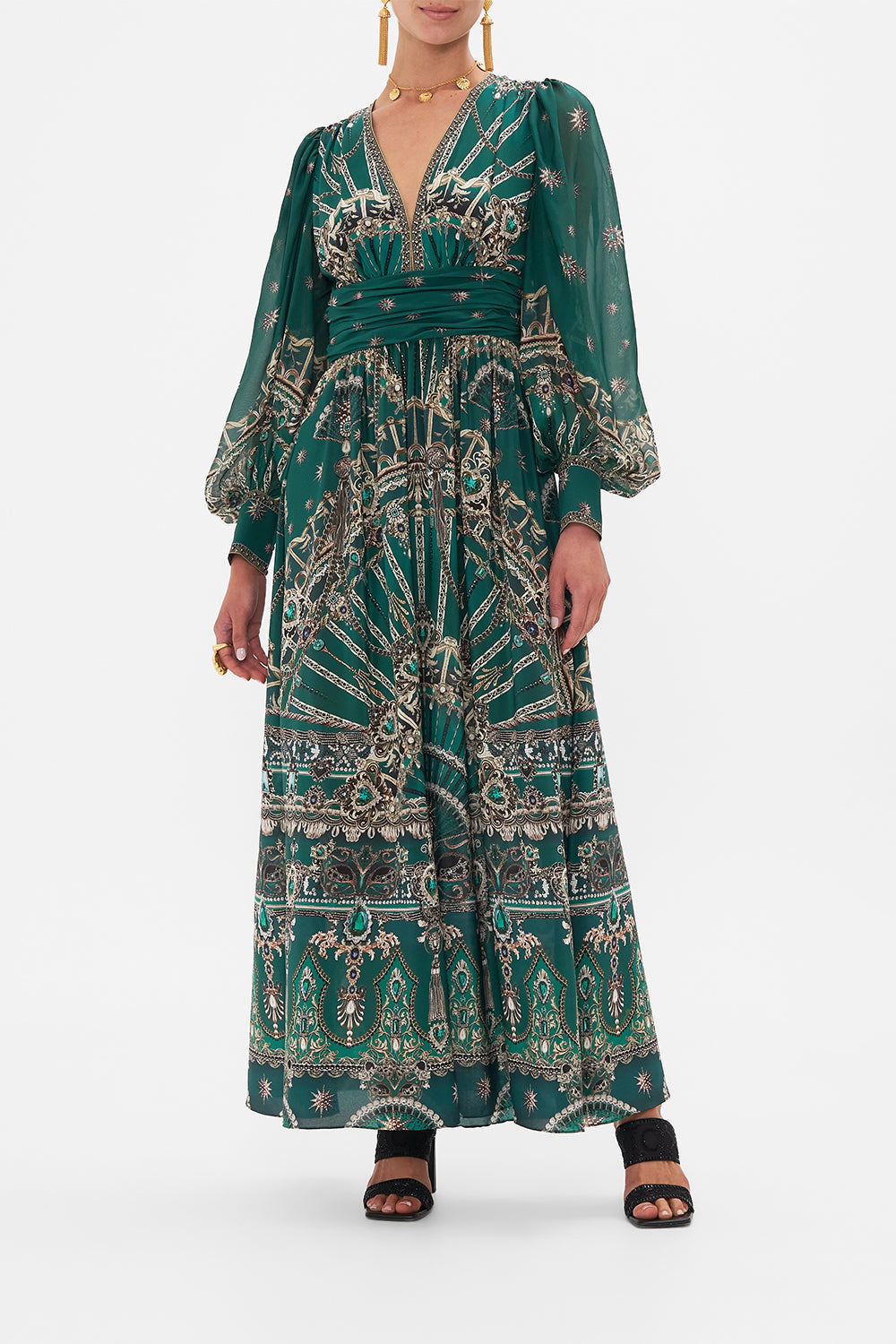 Front view of model wearing CAMILLA Long Silk Dress in A Venice Veil print