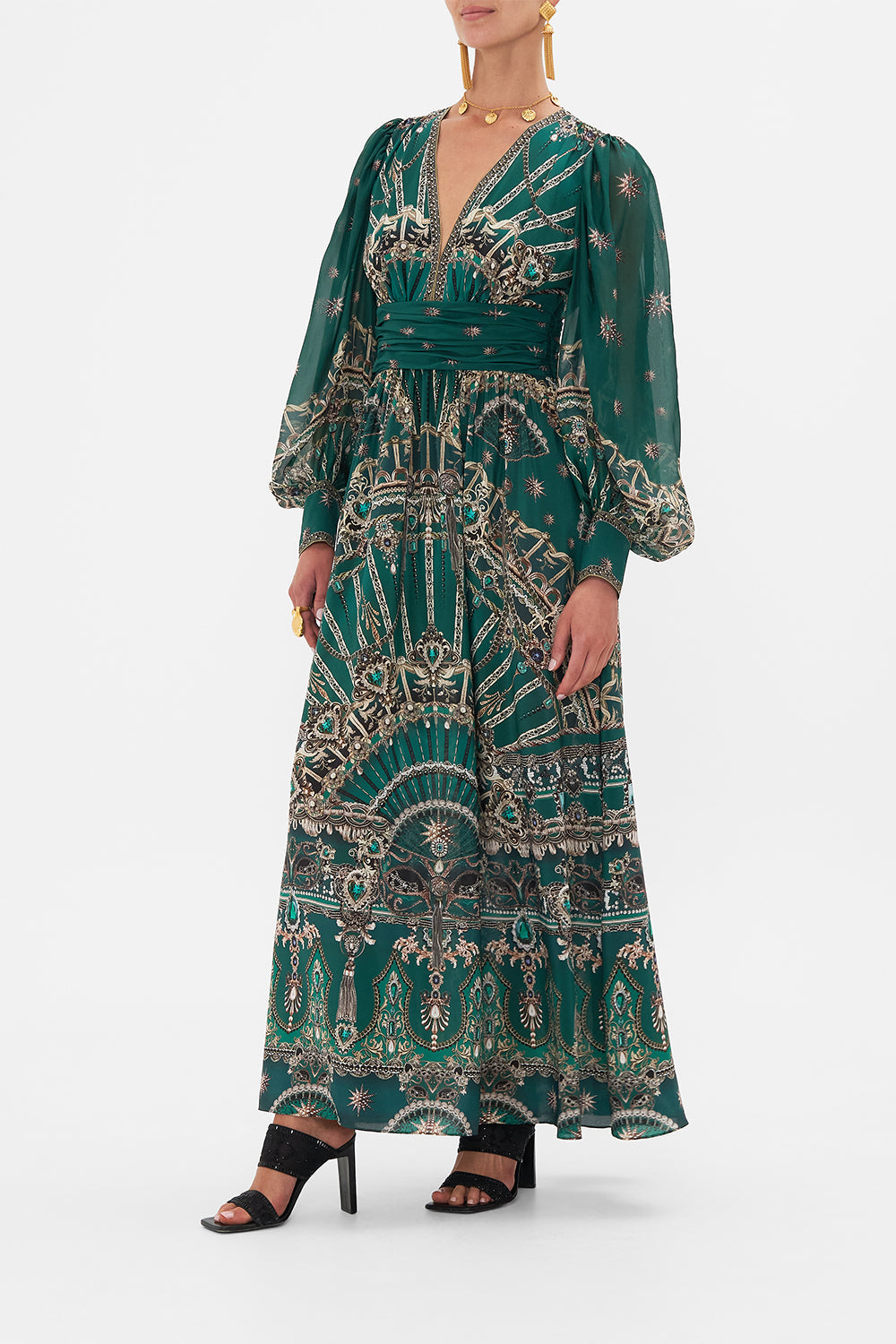 Side view of model wearing CAMILLA Long Silk Dress in A Venice Veil print