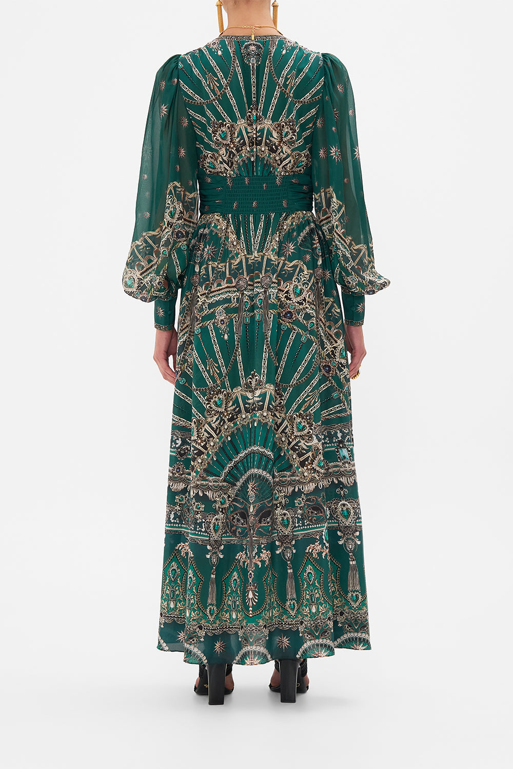 Back view of model wearing CAMILLA Long Silk Dress in A Venice Veil print