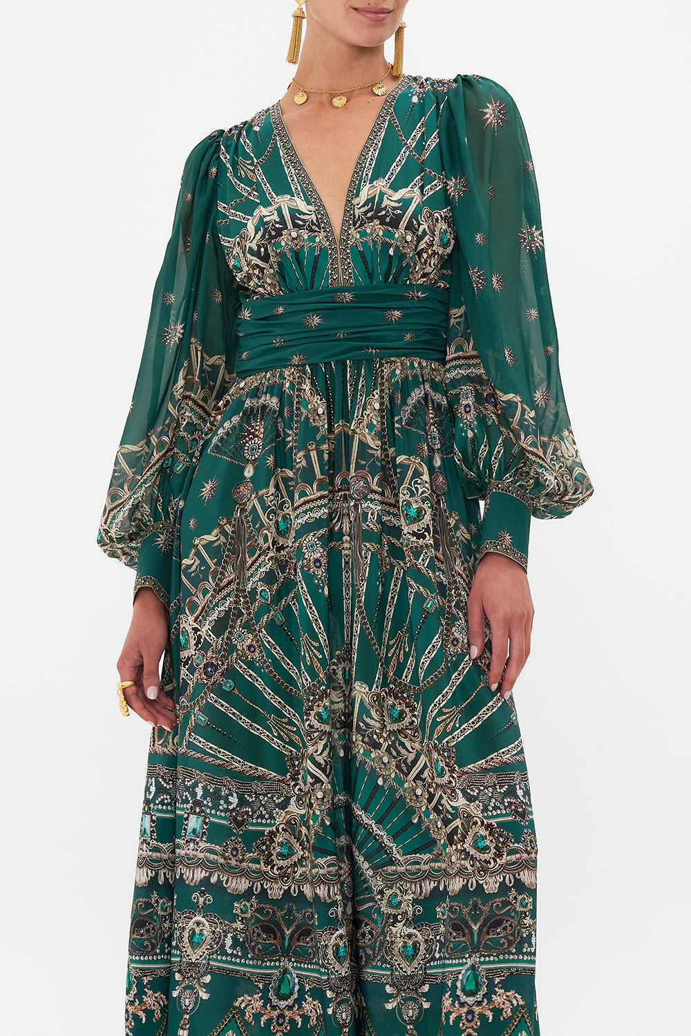 Crop view of model wearing CAMILLA Long Silk Dress in A Venice Veil print