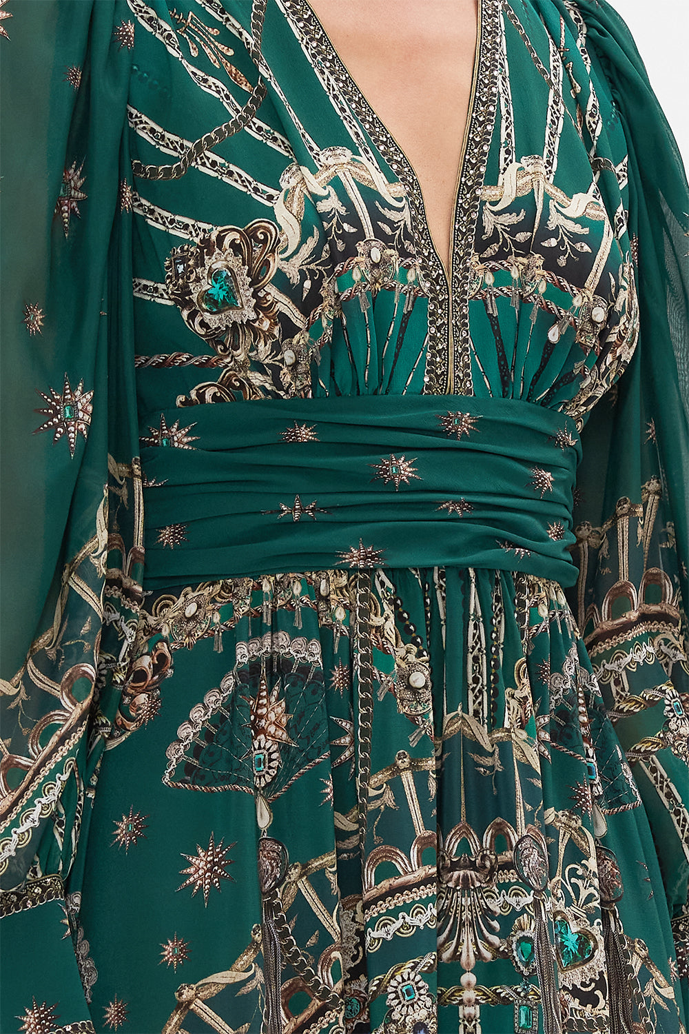 Detail view of model wearing CAMILLA Long Silk Dress in A Venice Veil print