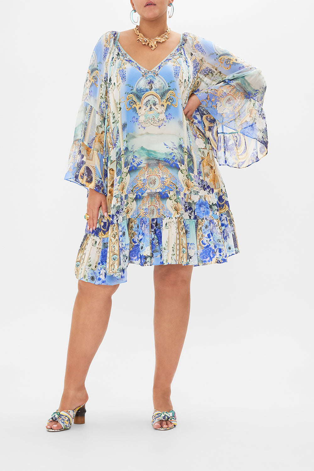 Front view of curvy model wearing CAMILLA silk ruffle dress in views Of Vesuvius print