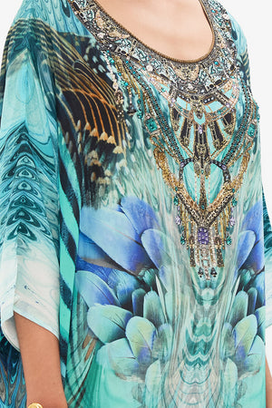 Detail view of model wearing CAMILLA silk dress in Azure Allure