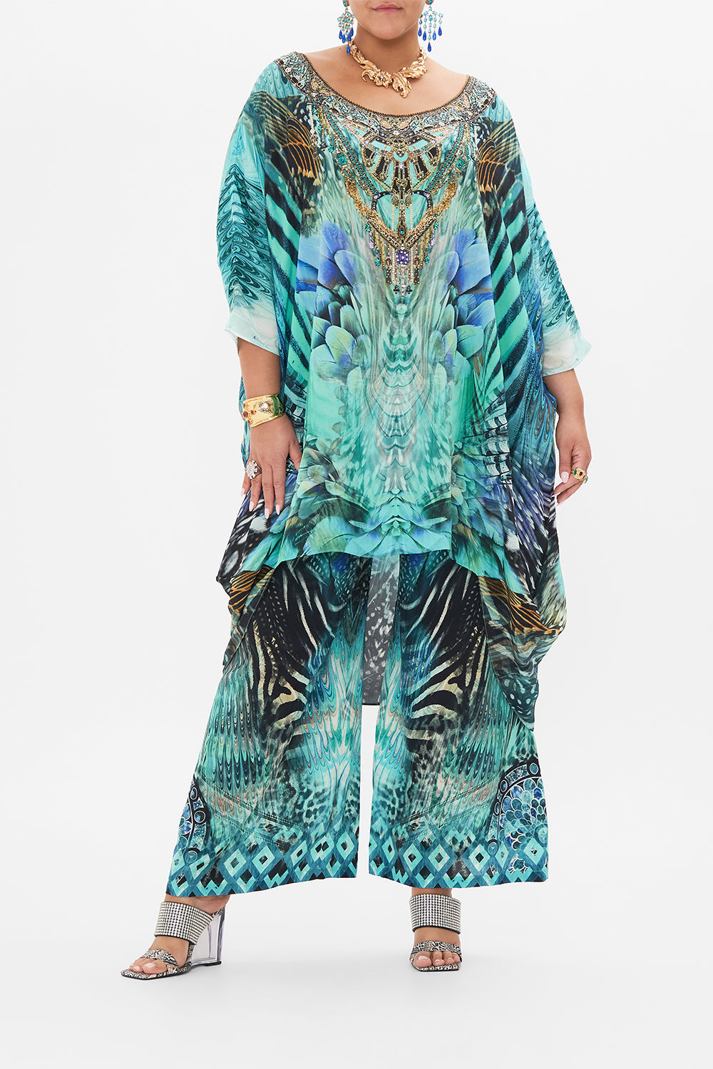 Front view of curvy model wearing CAMILLA splus size silk tunic dress in Azure Allure print