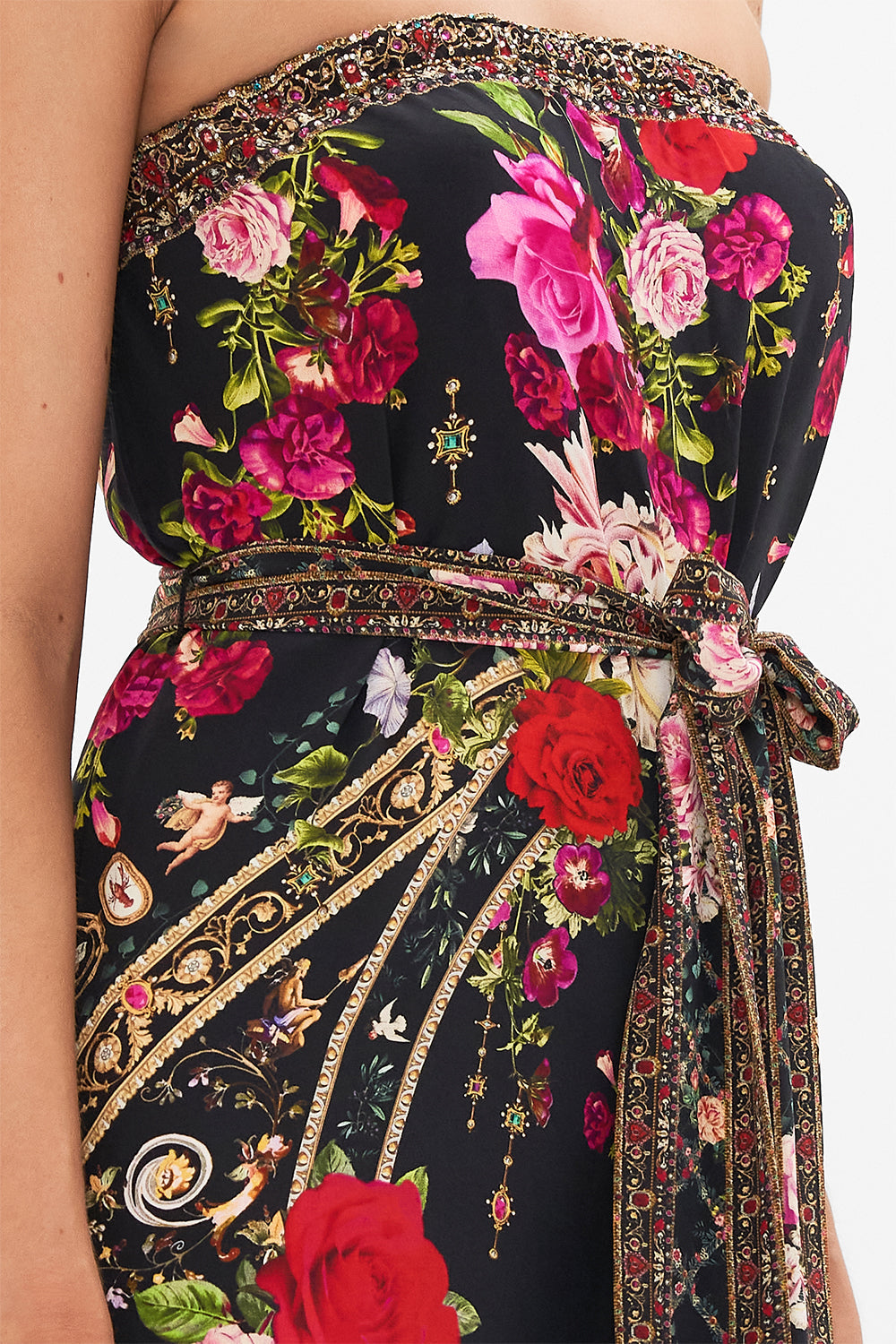 Side view of model wearing CAMILLA floral silk jumpsuit  in Reservation For Love print