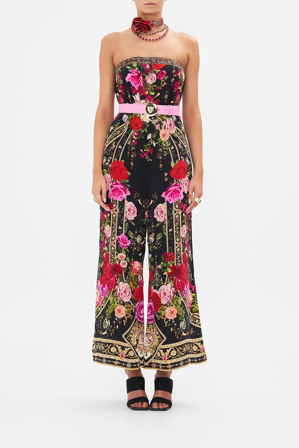 Detail view of model wearing CAMILLA floral silk jumpsuit  in Reservation For Love print