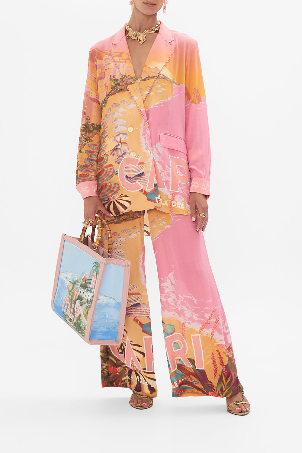 Front view of model wearing CAMILLA silk jacket in Capri Me print 