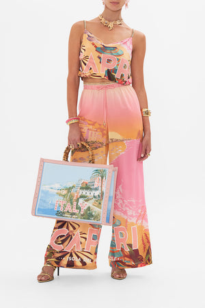 Front view of model wearing CAMILLA silk crop cami in Capri Me print 