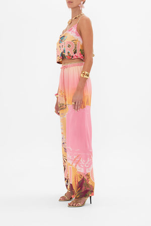 Side view of model wearing CAMILLA silk crop cami in Capri Me print 