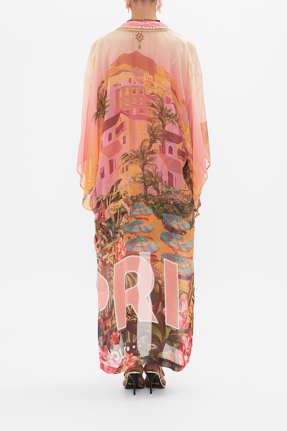 Back view of model wearing CAMILLA silk kimono in Capri Me print