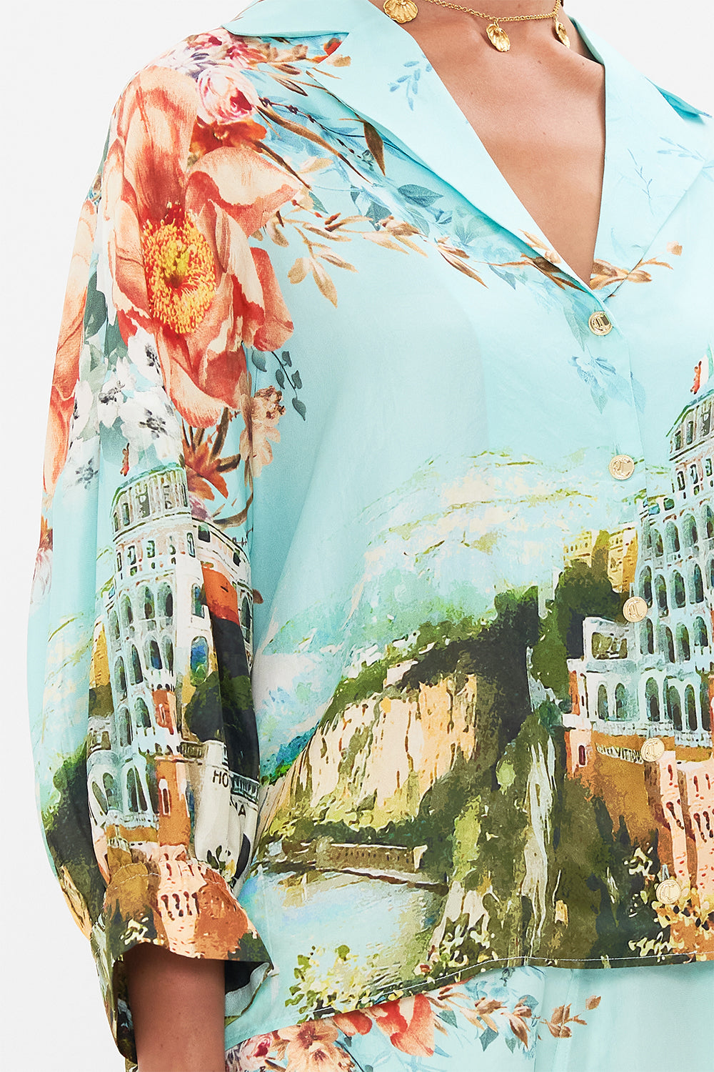 Detail view of model wearing CAMILLA silk shirt in From Sorrento With Love print