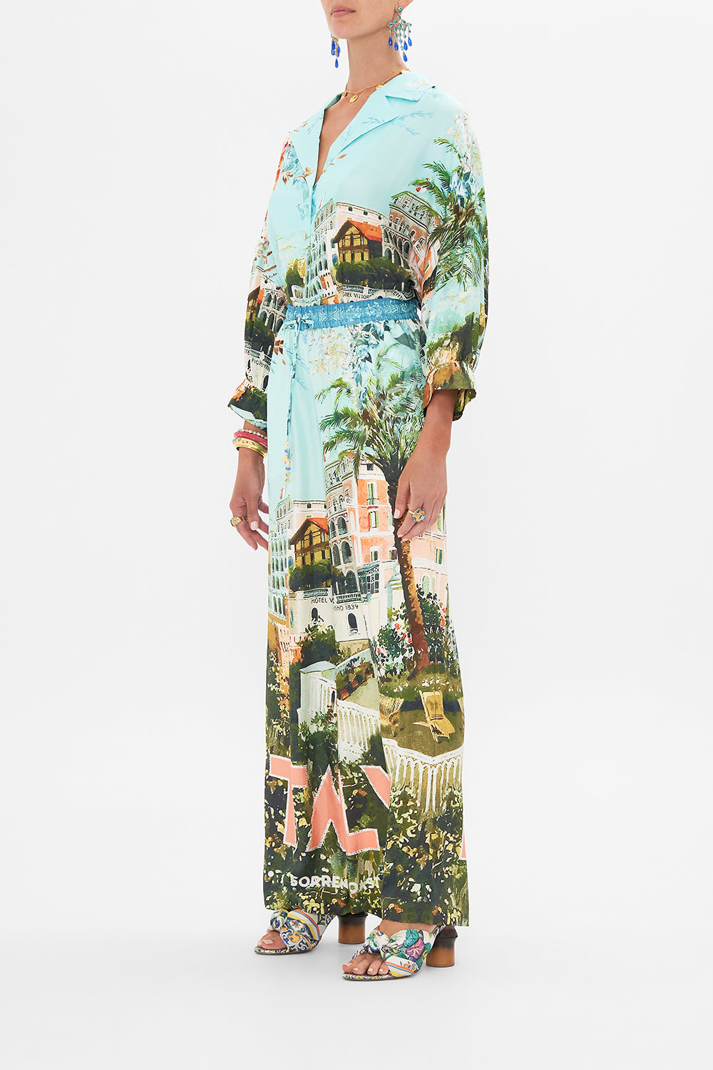 Side view of model wearing CAMILLA silklounge pant in From Sorrento With Love print