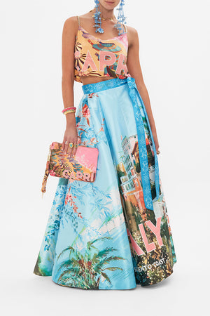 Front view of model wearing CAMILLA maxi wrap skirt in From Sorrento With Love print