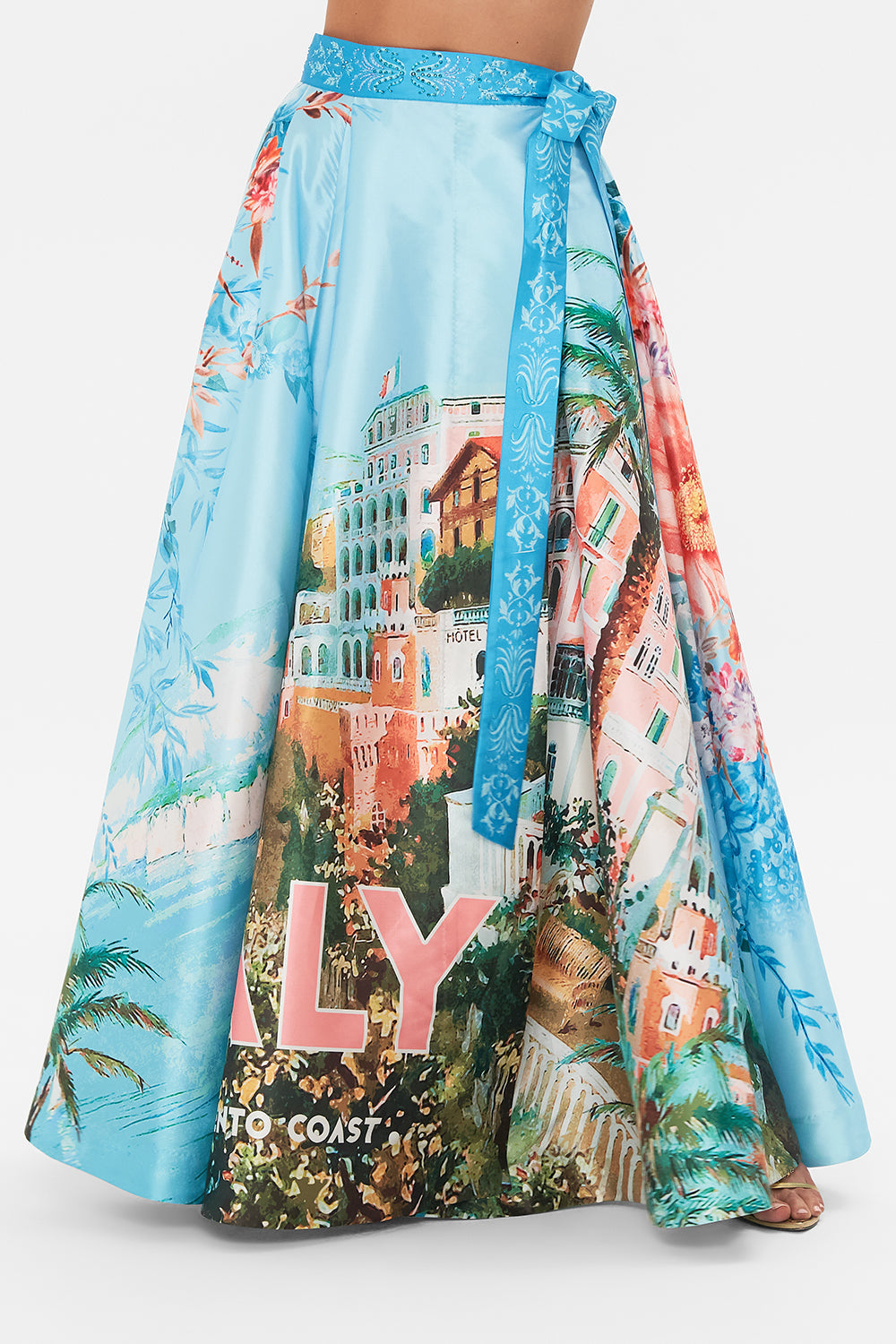 Crop view of model wearing CAMILLA maxi wrap skirt in From Sorrento With Love print