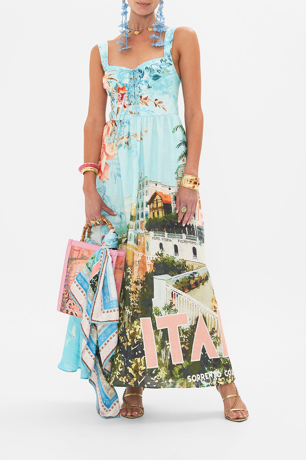 Front view of model wearing CAMILLA bustier dress in From Sorrento With Love print