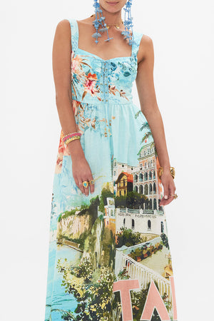 Crop view of model wearing CAMILLA bustier dress in From Sorrento With Love print