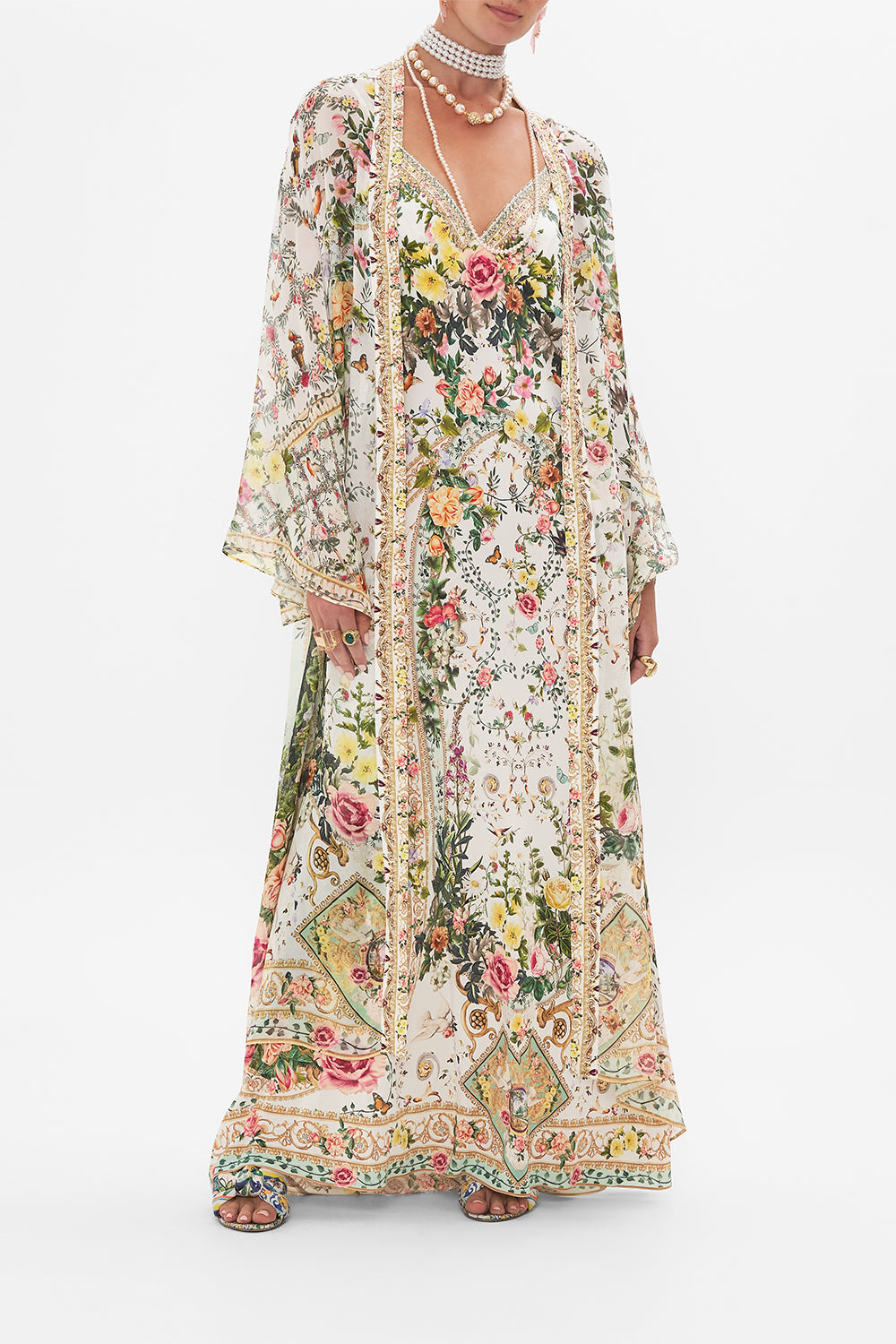 Front view of model wearing CAMILLA silk robe in Renaissance Romance print