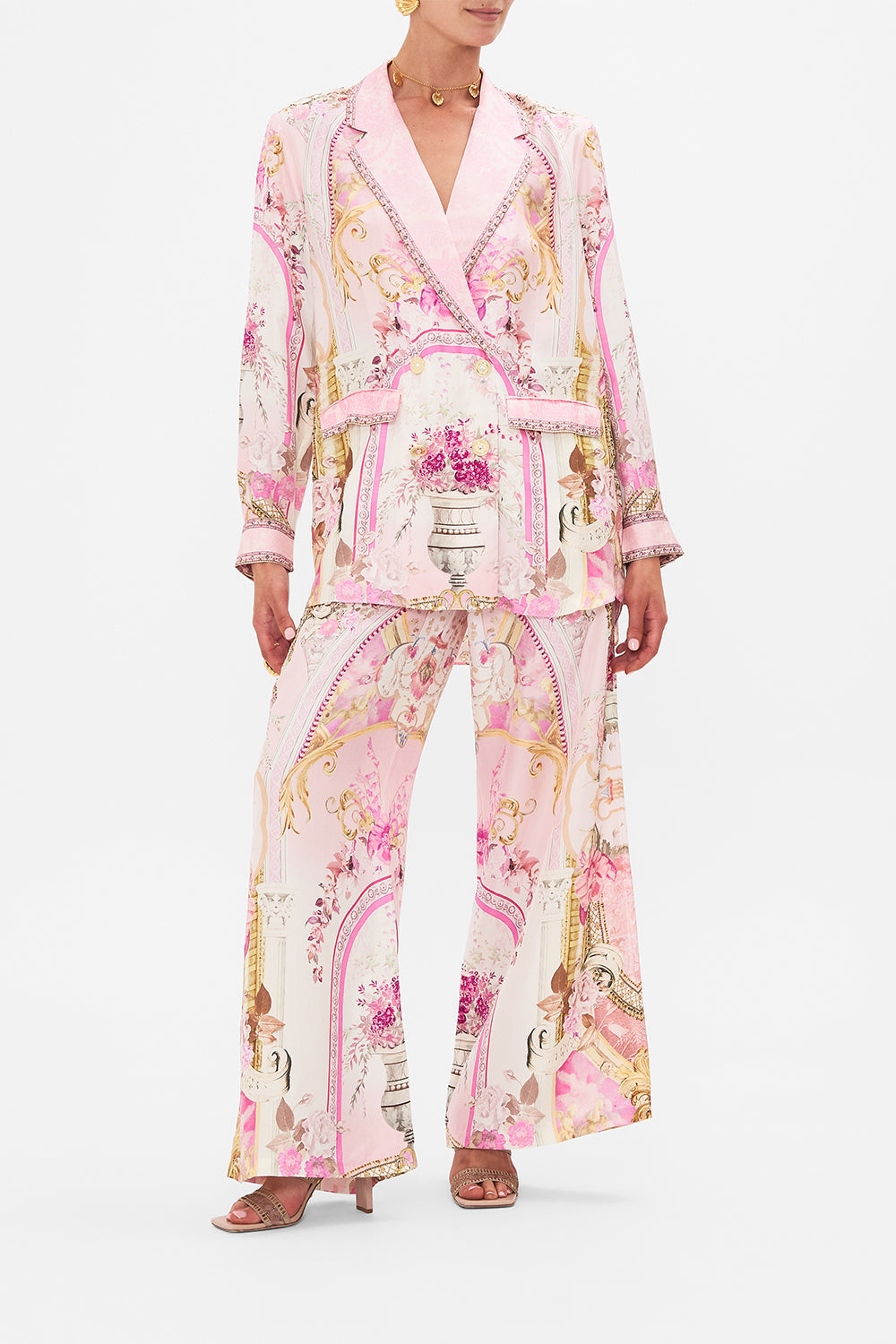 Front view of model wearing CAMILLA silk blazer in Feeling Fresco print