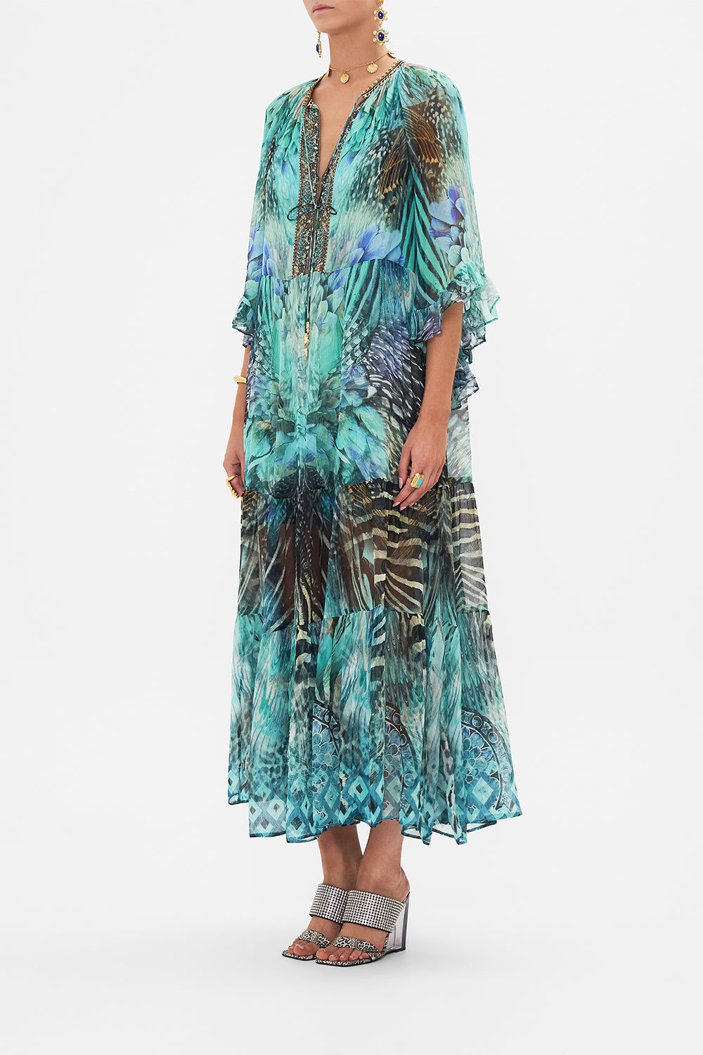 Side view of model wearing CAMILLA silk dress in Azure Allure