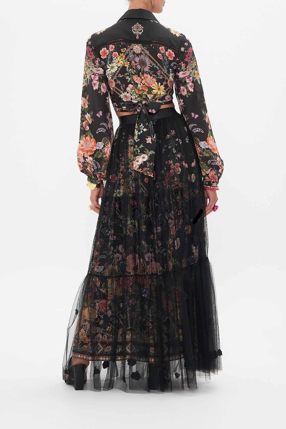 The CAMILLA WAISTBAND RUFFLE HEM SKIRT LETTERS FROM A VINEYARD in our  print.