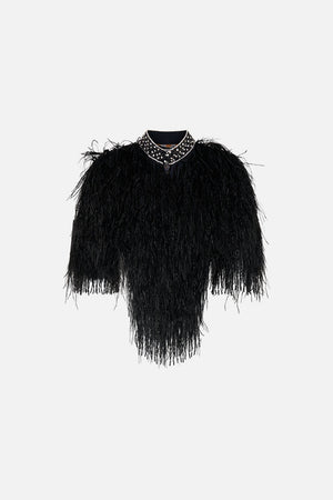 Product view of CAMILLA beaded feather gilet in Lady of The Moon print
