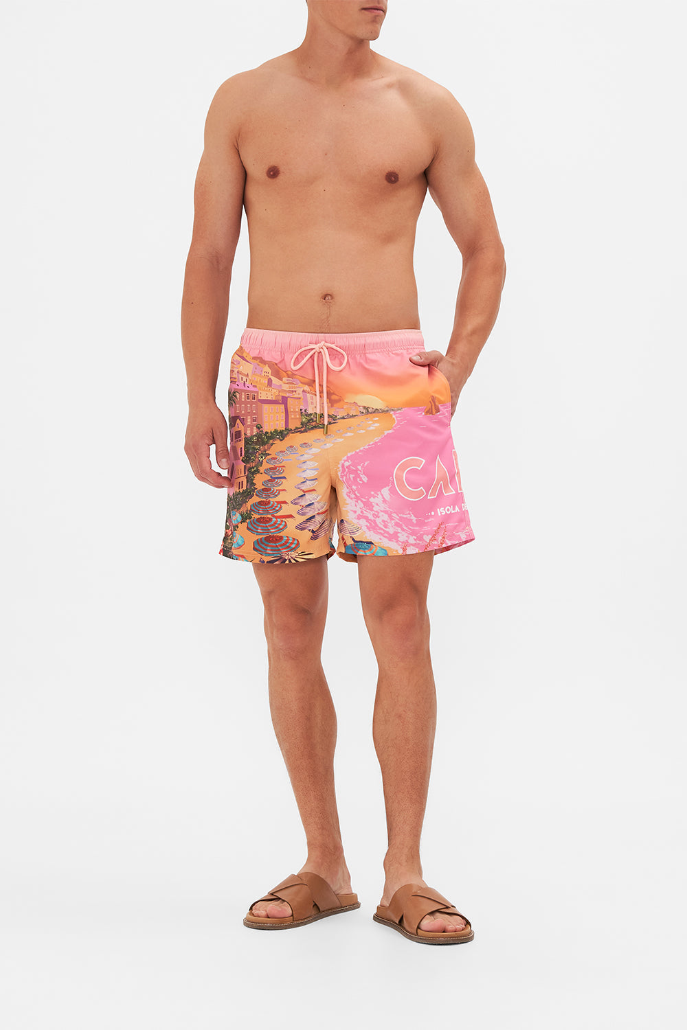 Front view of model wearing Hotel Franks By CAMILLA mens boardshorts in Capri Me print