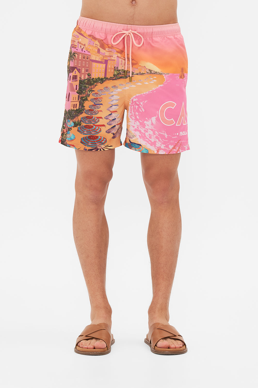 Crop view of model wearing Hotel Franks By CAMILLA mens boardshorts in Capri Me print