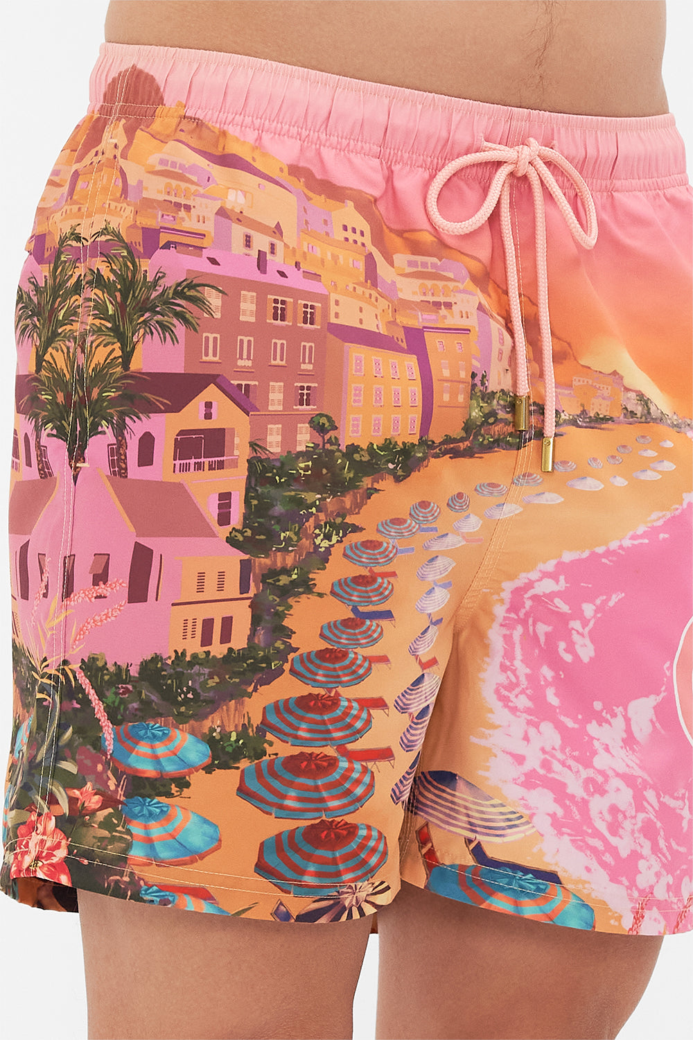 Detail view of model wearing Hotel Franks By CAMILLA mens boardshorts in Capri Me print