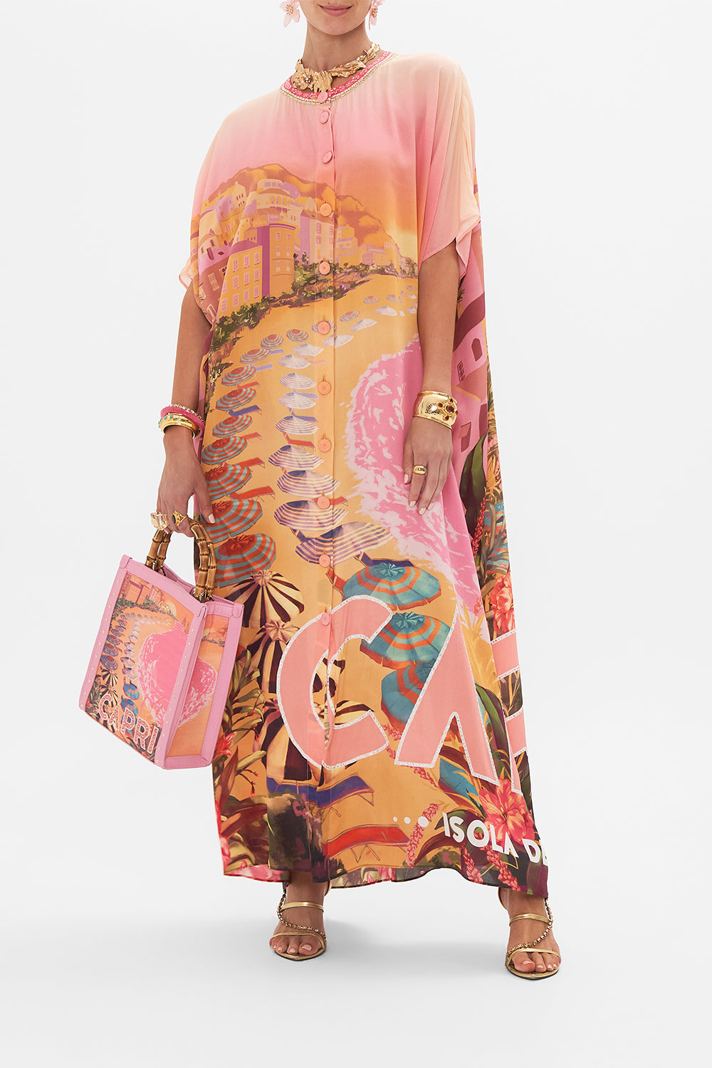 Front view of model wearing CAMILLA silk kaftan in Capri Me print