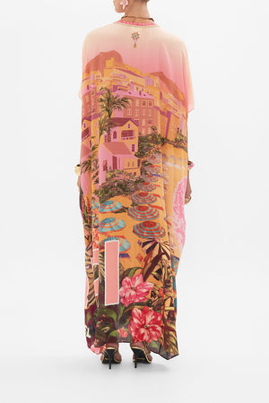 Back view of model wearing CAMILLA silk kaftan in Capri Me print
