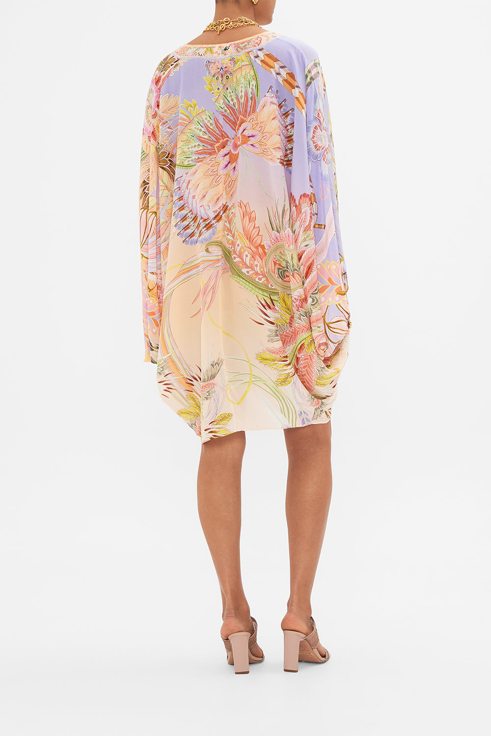 Back view of model wearing CAMILLA silk kaftan in Cosmic Tuscan print