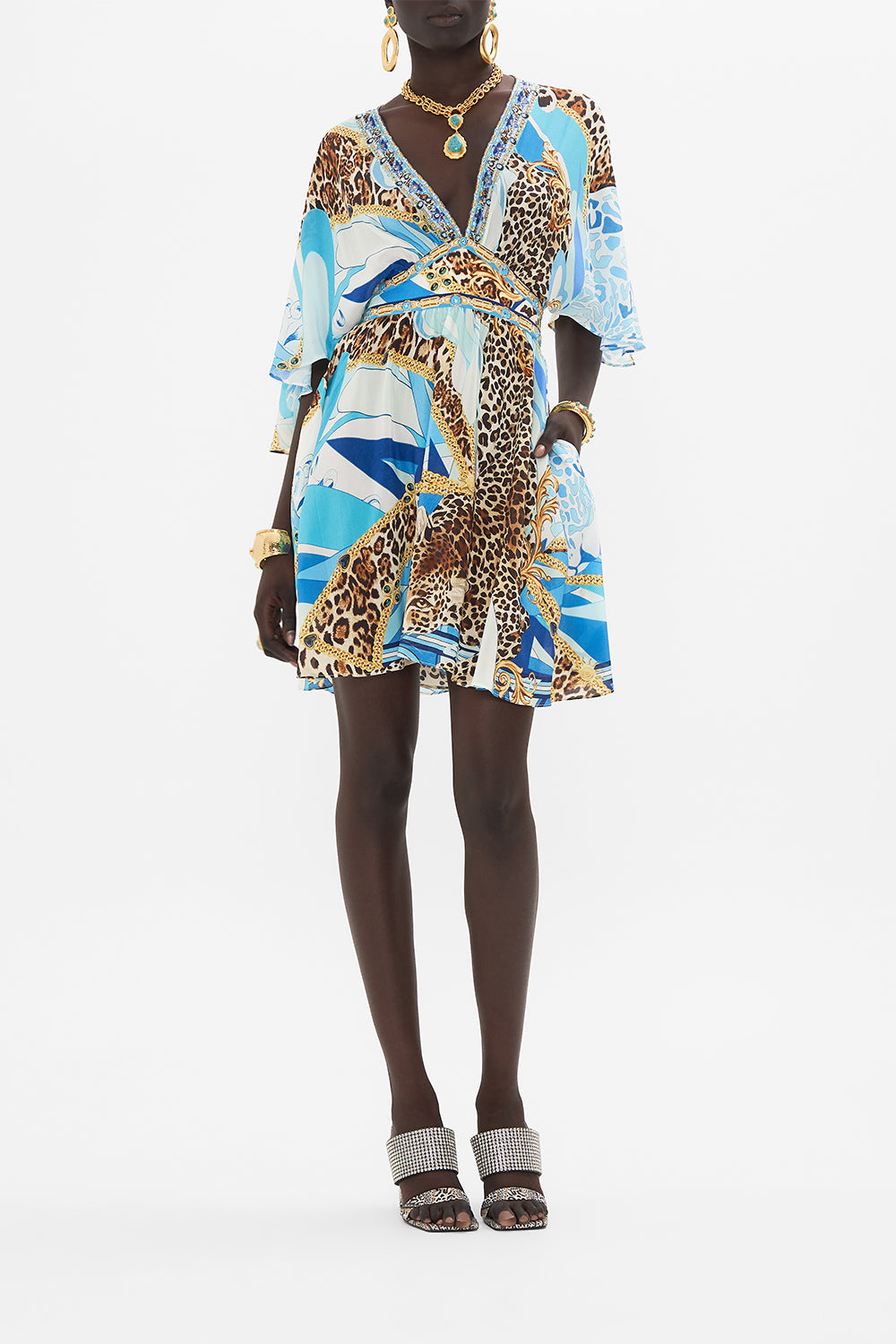 Front view of model wearing CAMILLA silk mini dress in Sky Cheetah print