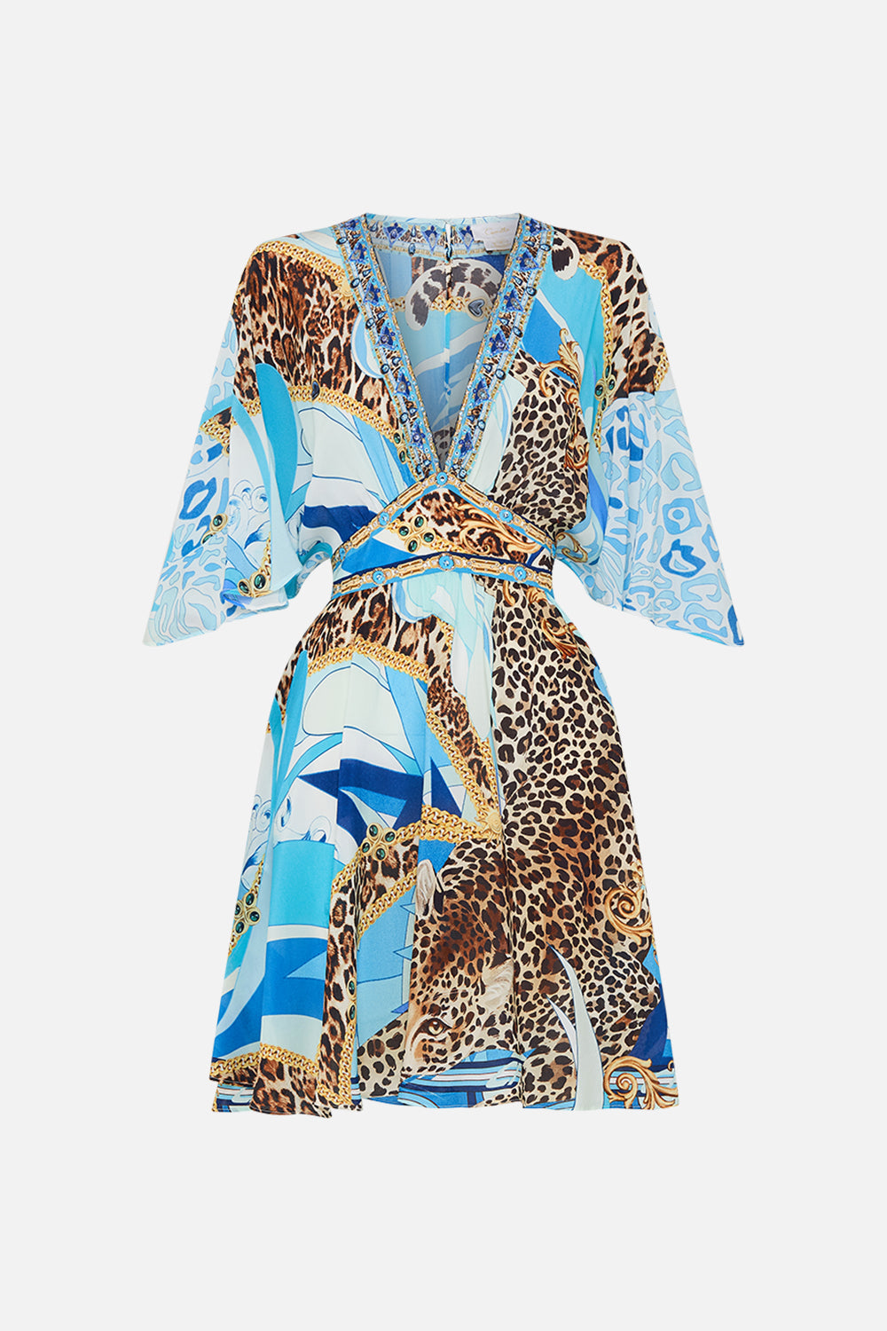 CAMILLA silk mini dress in Sky Cheetah print