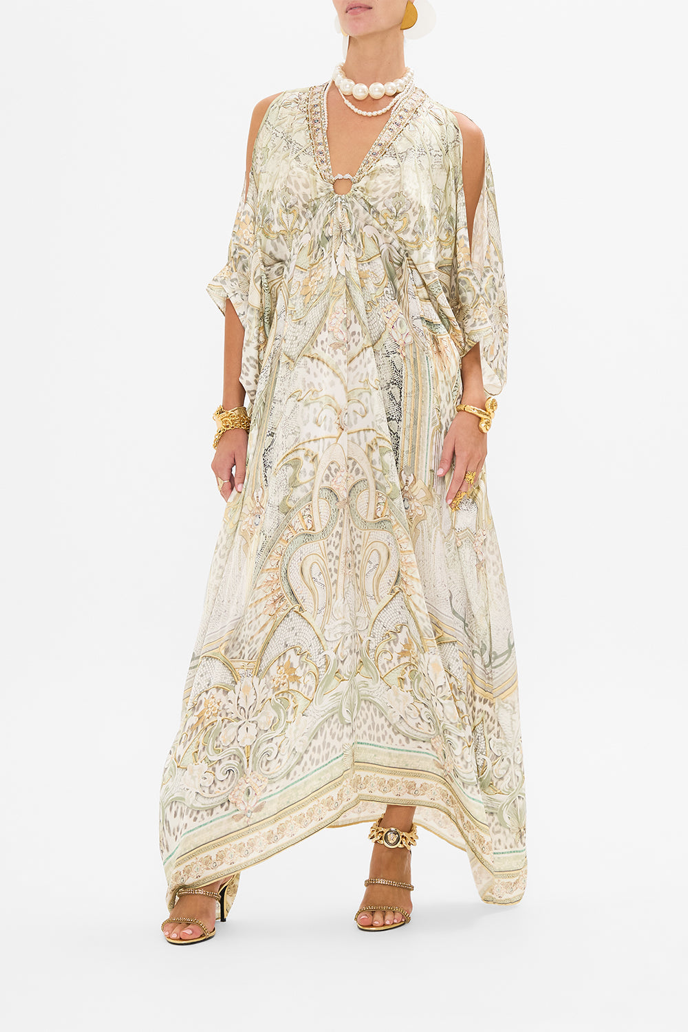 CAMILLA silk kaftan in Ivory Tower Tales print