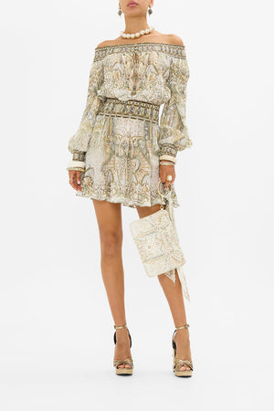 CAMILLA off the shoulder mini dress in Ivory Tower Tales print