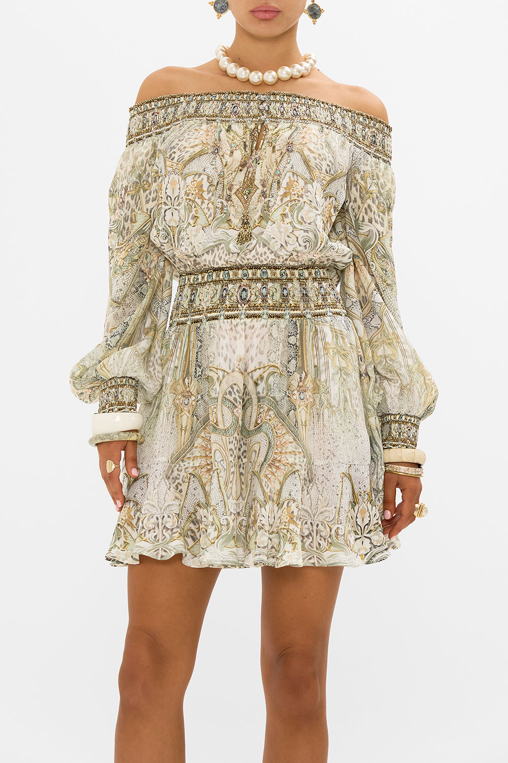CAMILLA off the shoulder mini dress in Ivory Tower Tales print