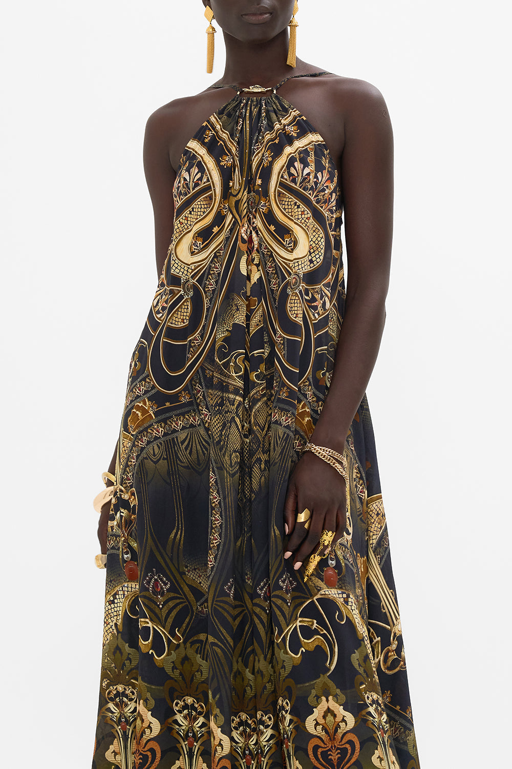 CAMILLA  silk maxi dress in Nouveau Noir print