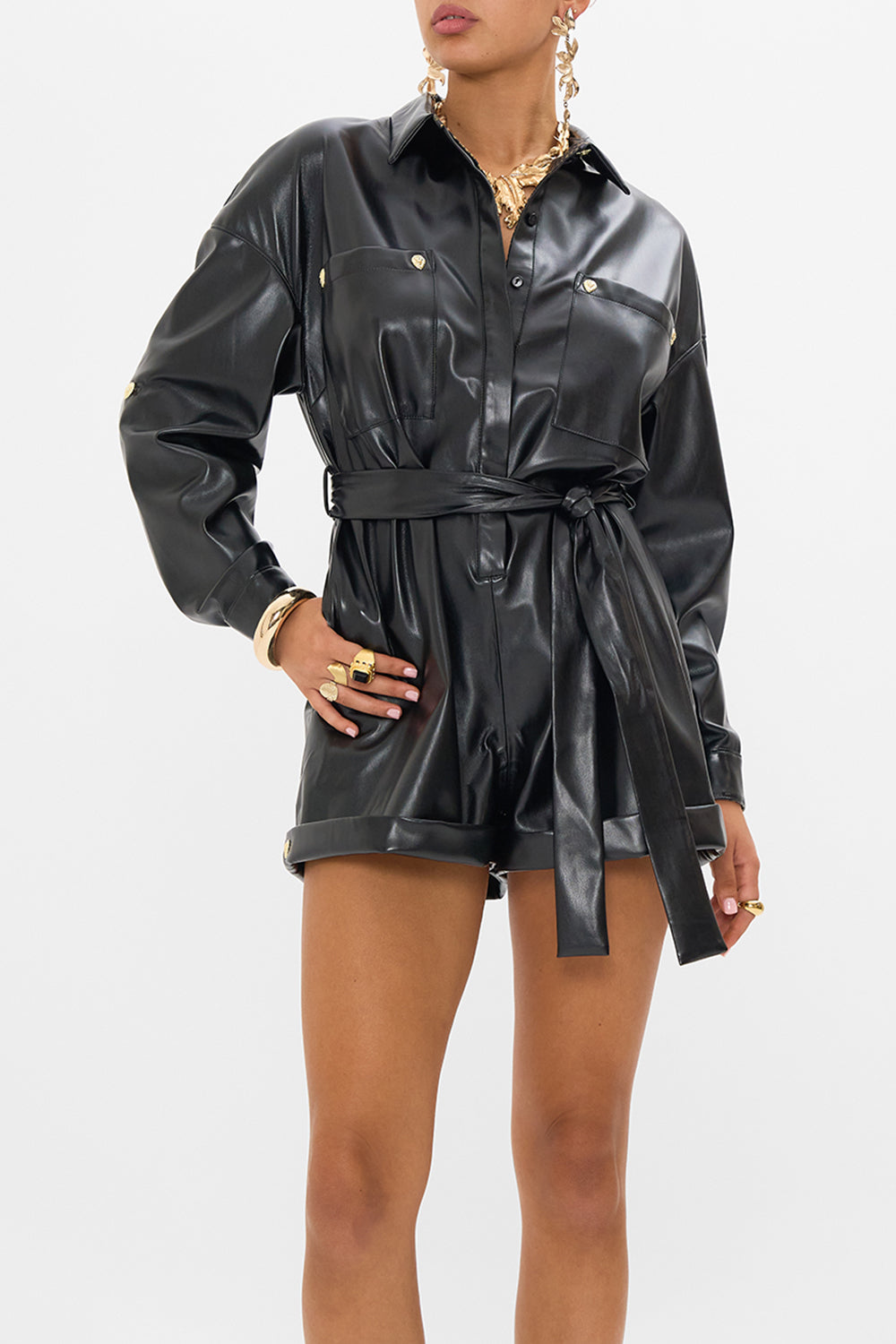 The CAMILLA LONG SLEEVE BOILER PLAYSUIT NOUVEAU NOIR in our  print.