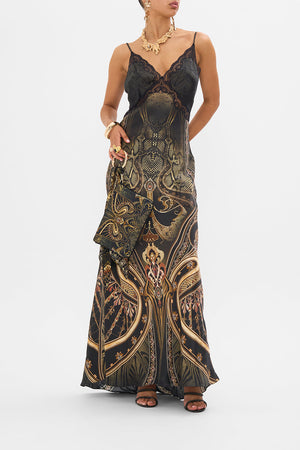 CAMILLA silk slip dress in Nouveau Noir print