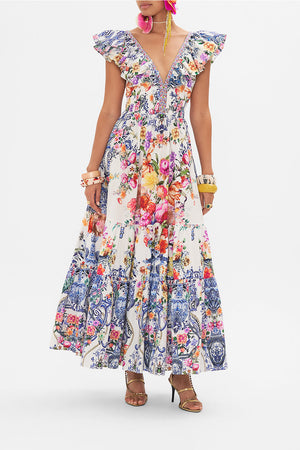 Front view of model wearing CAMILLA silk dress in Dutch is Life print