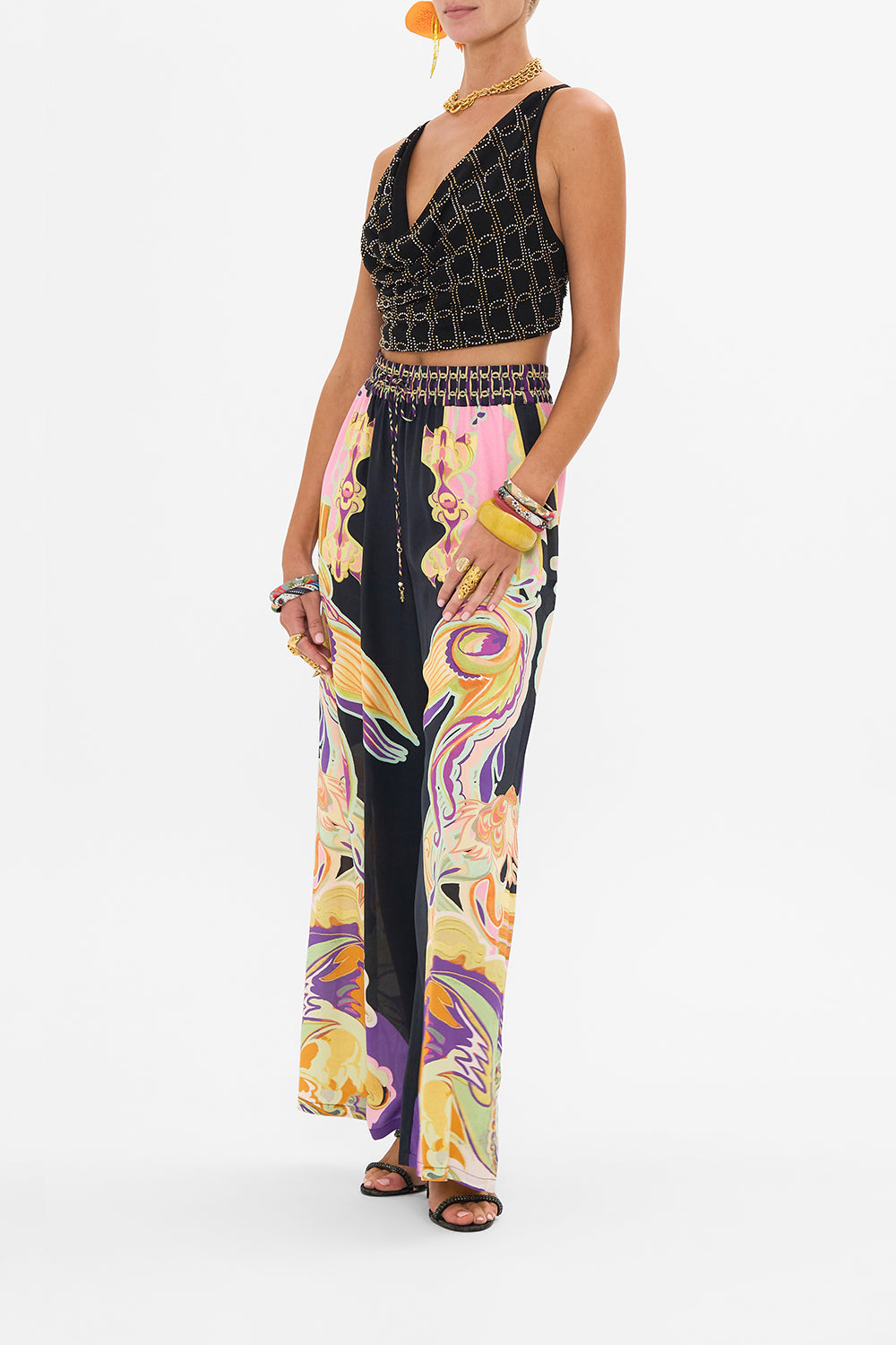 CAMILLA cowl neck jersey top in Film Diva print