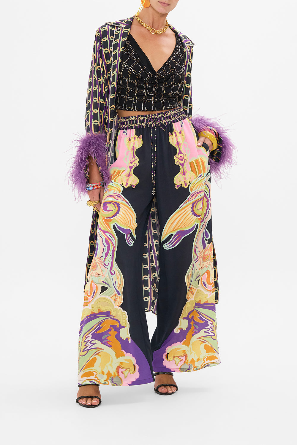 CAMILLA cowl neck jersey top in Film Diva print