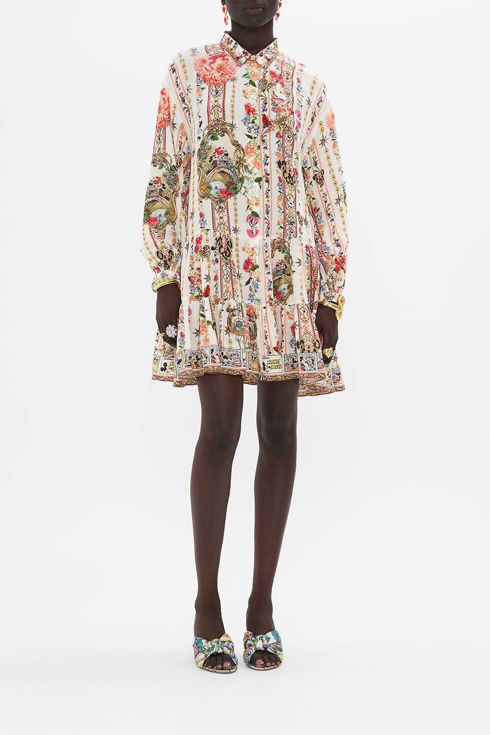 Front view of model wearing Disney x CAMILLA silk shirt dress in Minnie Magic Forever print