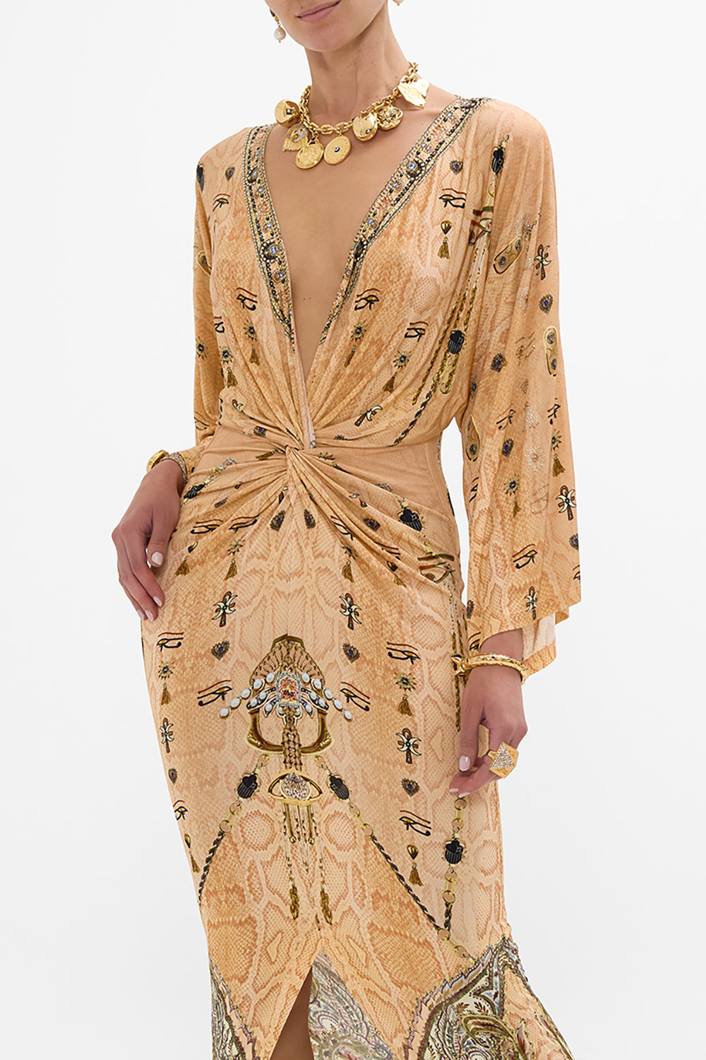 CAMILLA Gold Long Split Front Twist Dress in Kingdom of Hieroglyphs Print