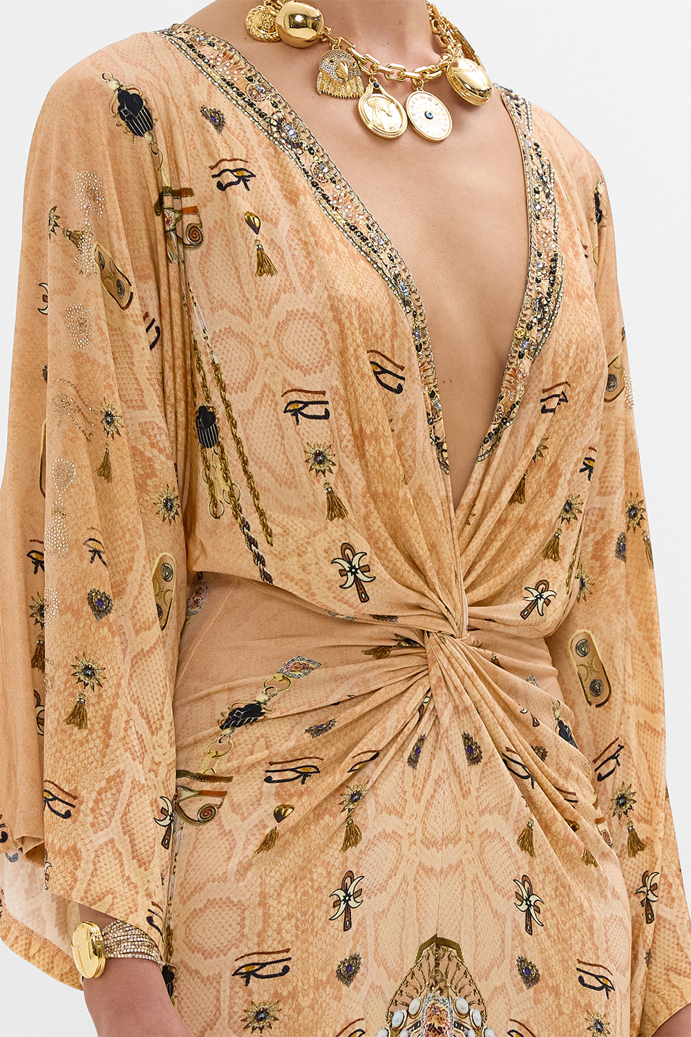 CAMILLA Gold Long Split Front Twist Dress in Kingdom of Hieroglyphs Print
