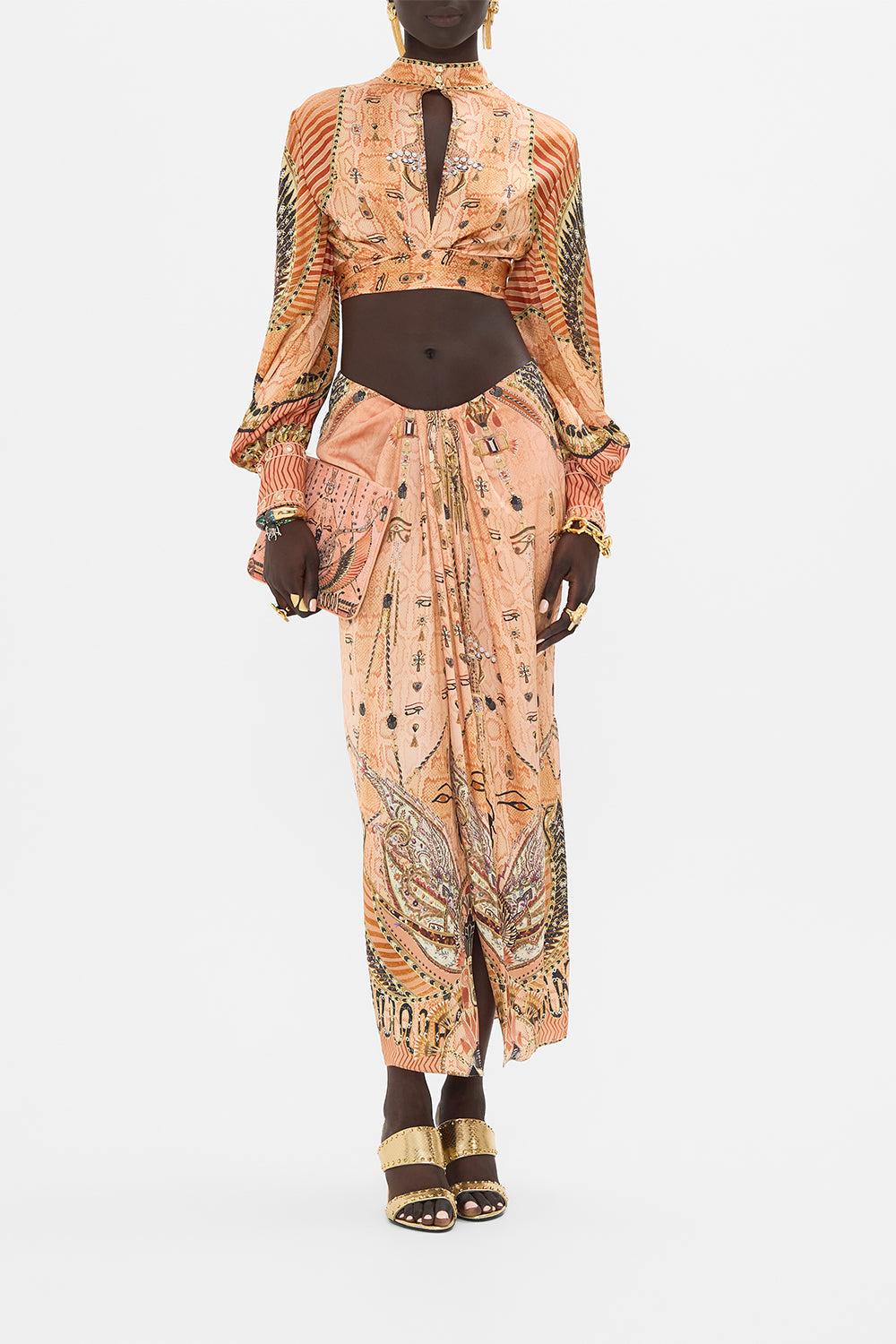 CAMILLA Gold Long Sleeve High Neck Top with Front Knot in Kingdom of Hieroglyphs Print