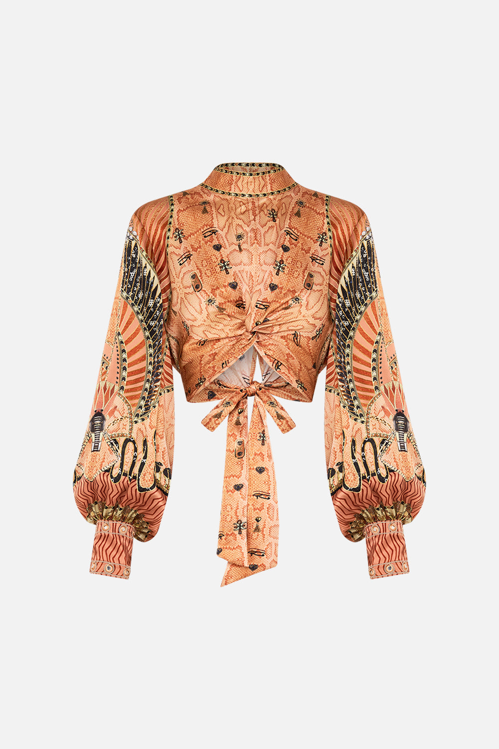 CAMILLA Gold Long Sleeve High Neck Top with Front Knot in Kingdom of Hieroglyphs Print