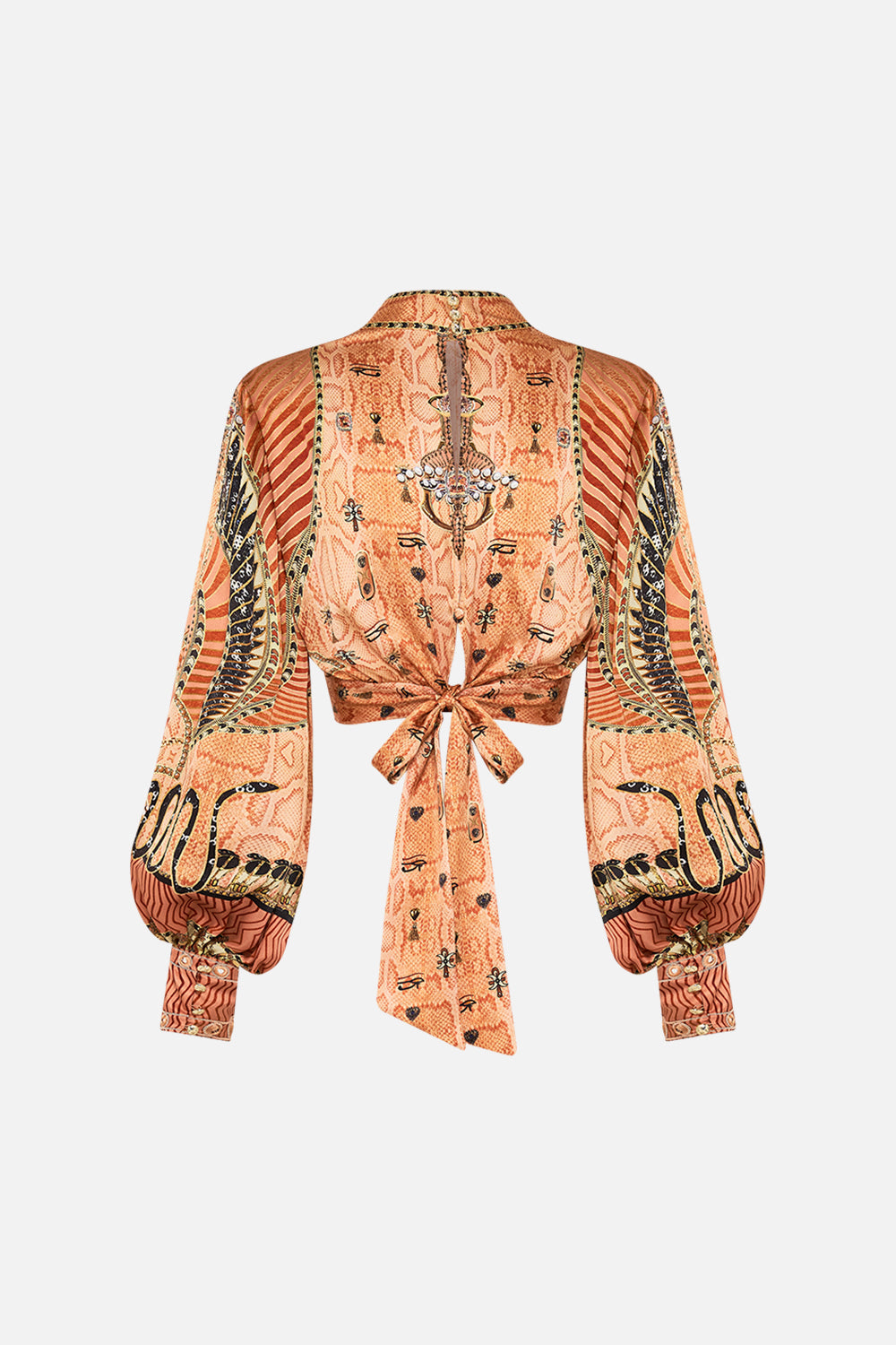 CAMILLA Gold Long Sleeve High Neck Top with Front Knot in Kingdom of Hieroglyphs Print